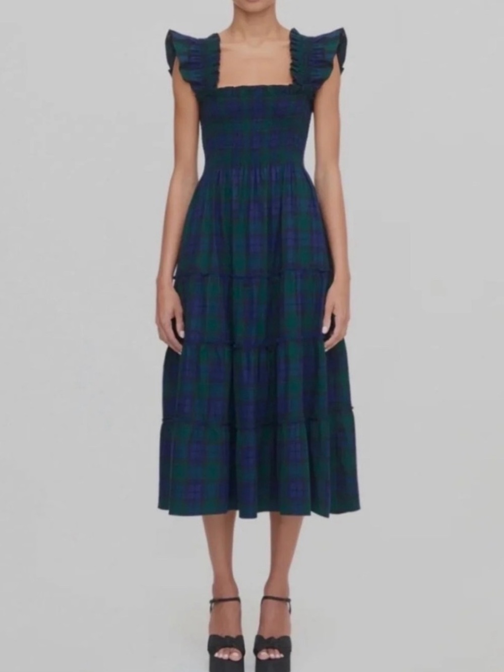 HILL HOUSE Dress Ellie Nap in Blackwatch Tartan Plaid Smocked Flutter Sleeve S